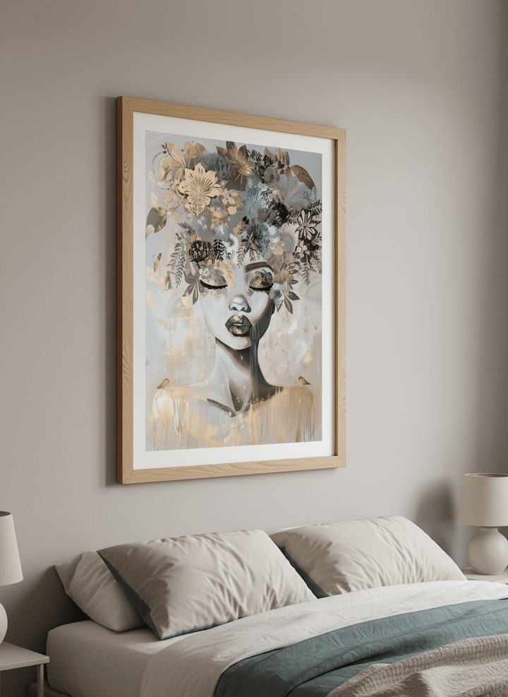 Minimalist artwork displayed in a calm, light-filled bedroom interior