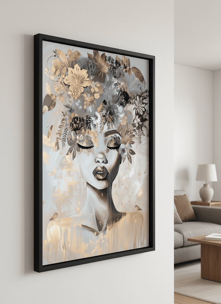 Modern wall art styled above a sofa in a neutral living room