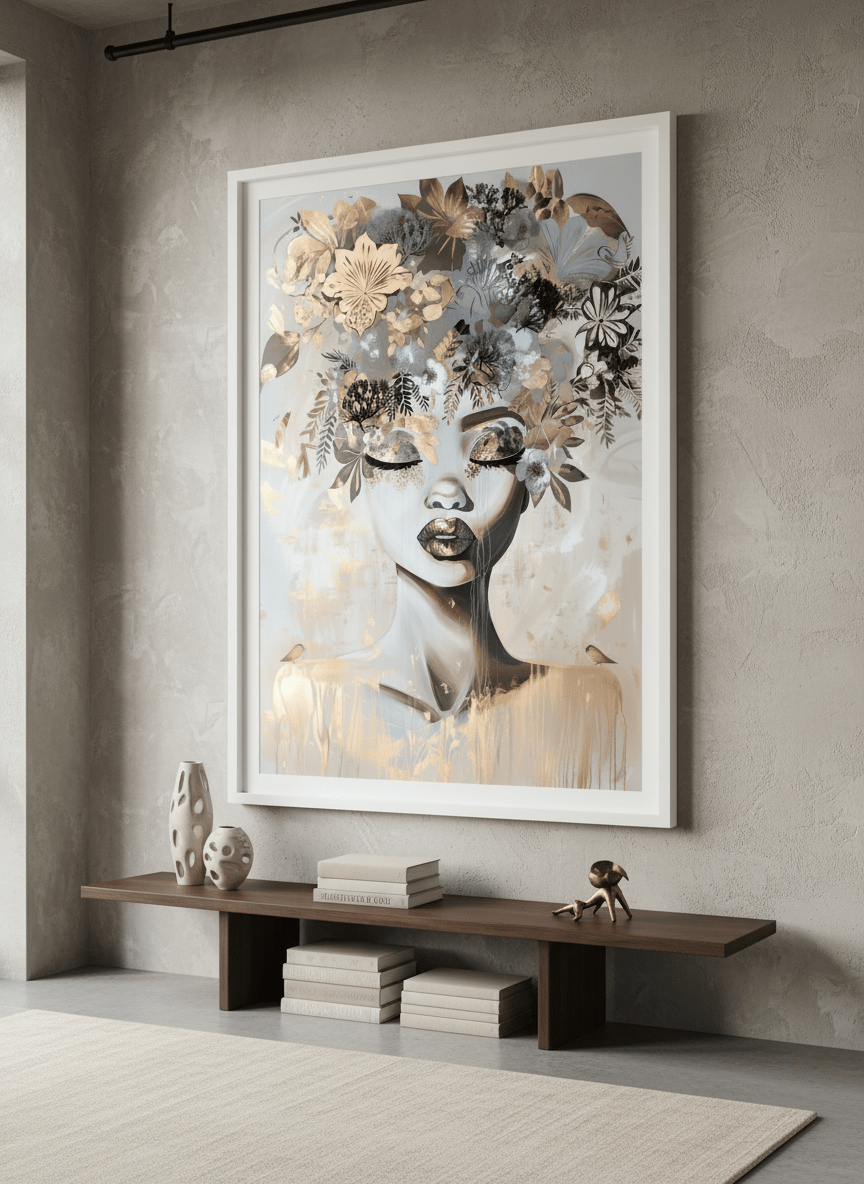 Monumental artwork centred on a feature wall in a luxe interior