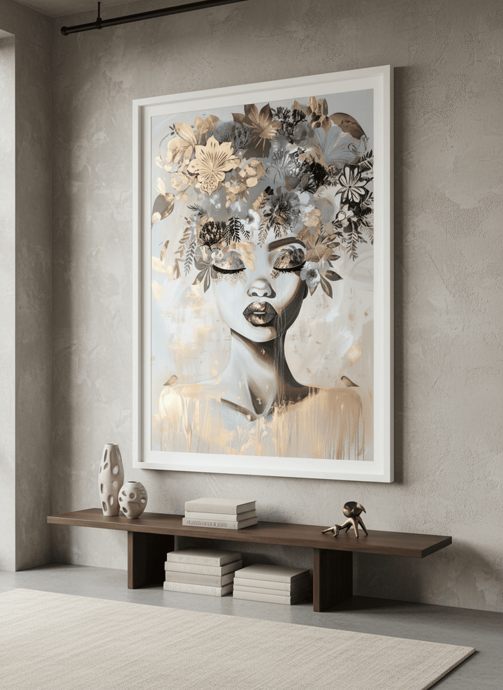 Monumental artwork centred on a feature wall in a luxe interior