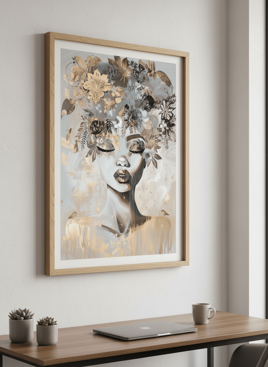 Contemporary wall art featured in a bright modern office workspace