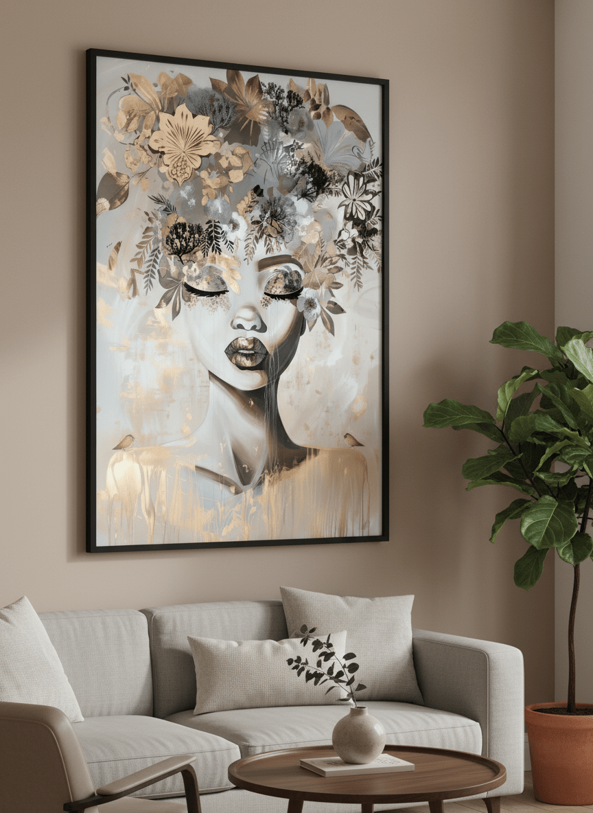 Modern wall art styled above a sofa in a neutral living room