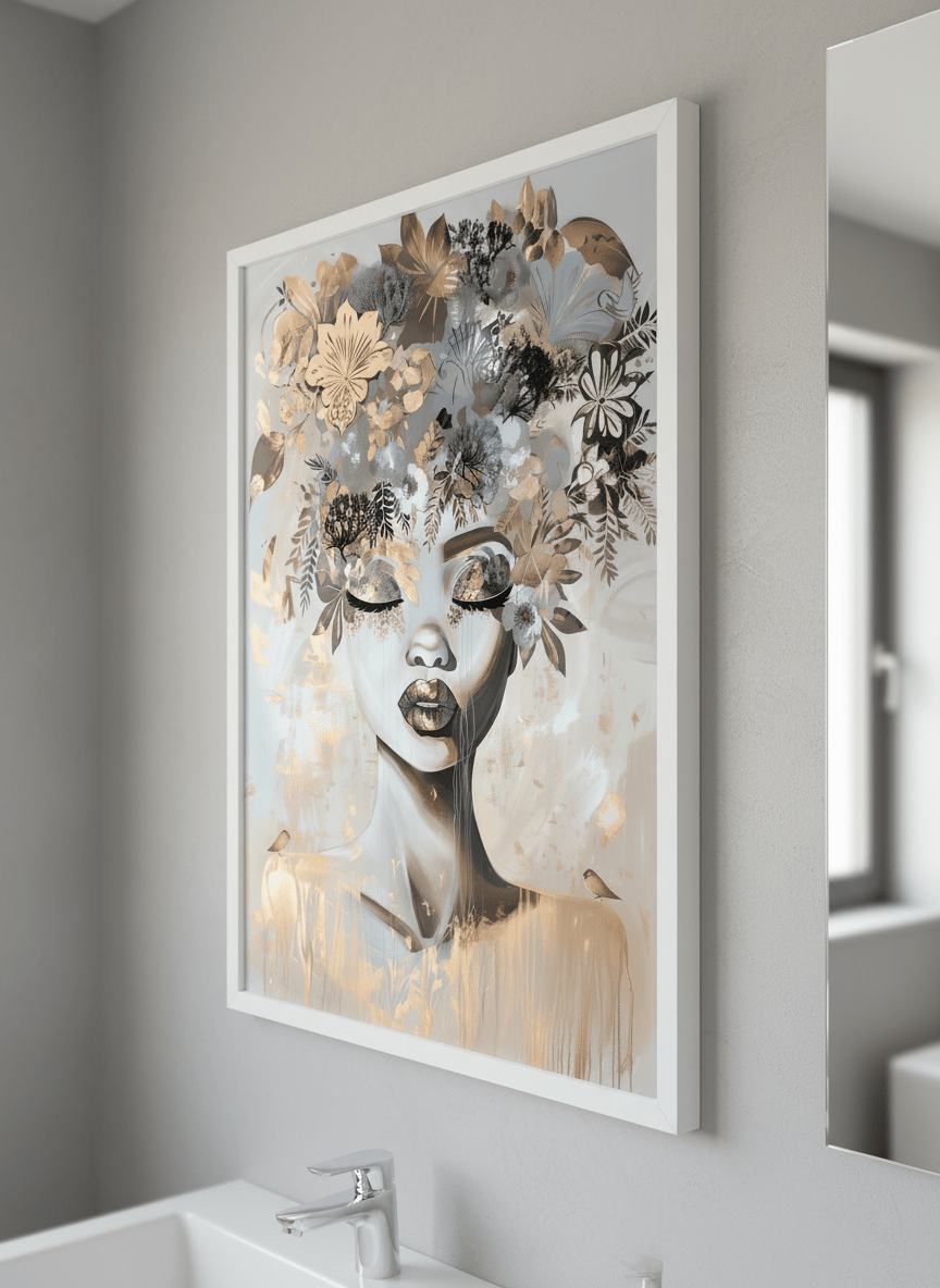 Modern print displayed in a clean minimalist bathroom setting