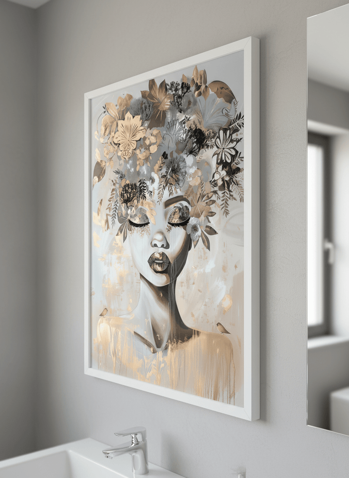 Modern print displayed in a clean minimalist bathroom setting