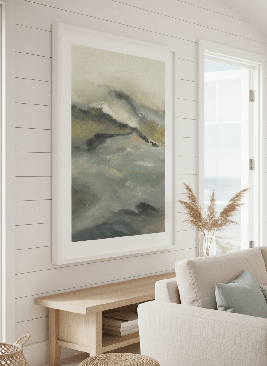 Neutral wall art displayed in a sunny coastal beach house