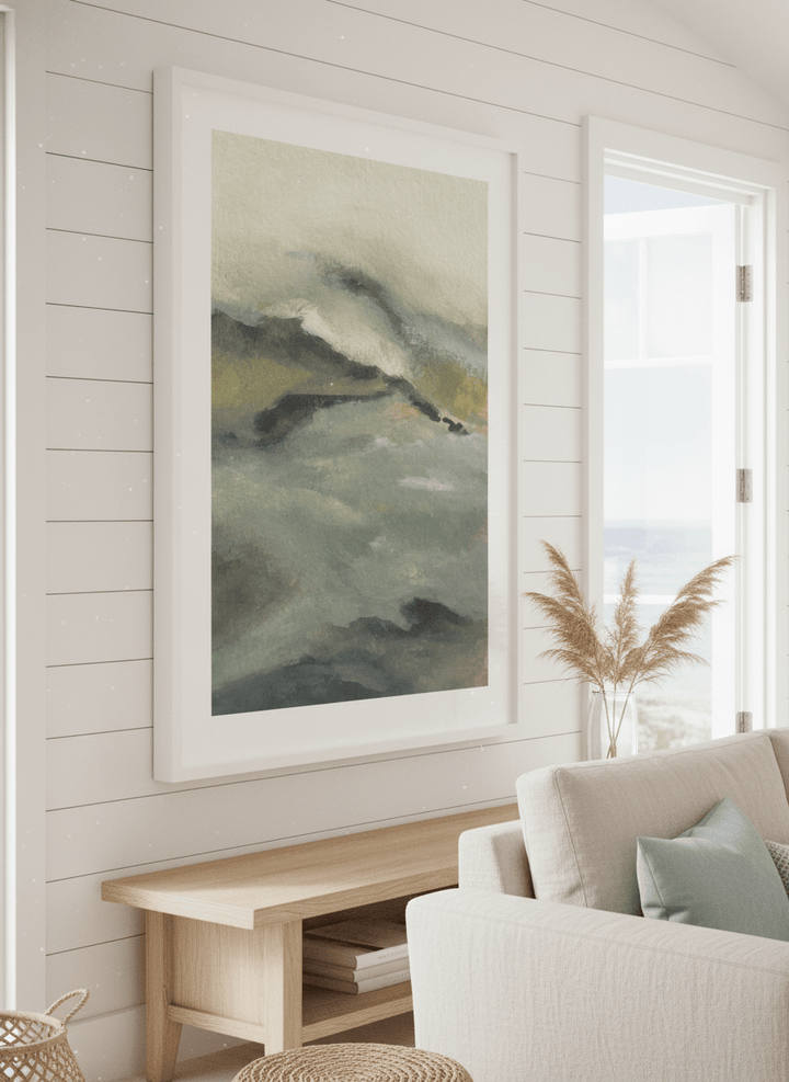 Neutral wall art displayed in a sunny coastal beach house