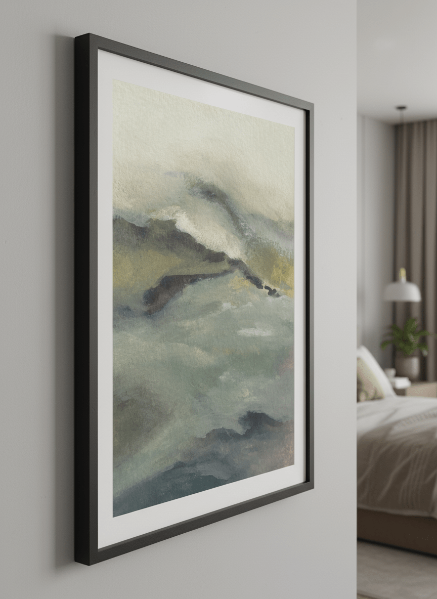 Minimalist artwork displayed in a calm, light-filled bedroom interior