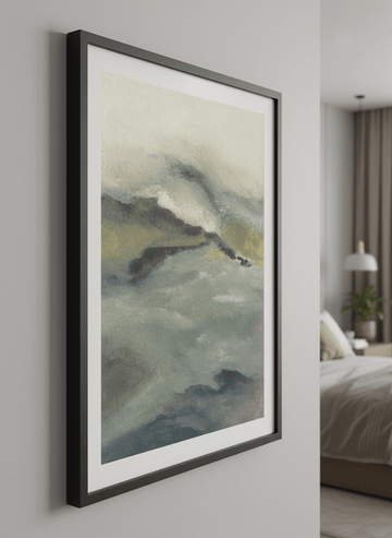 Minimalist artwork displayed in a calm, light-filled bedroom interior