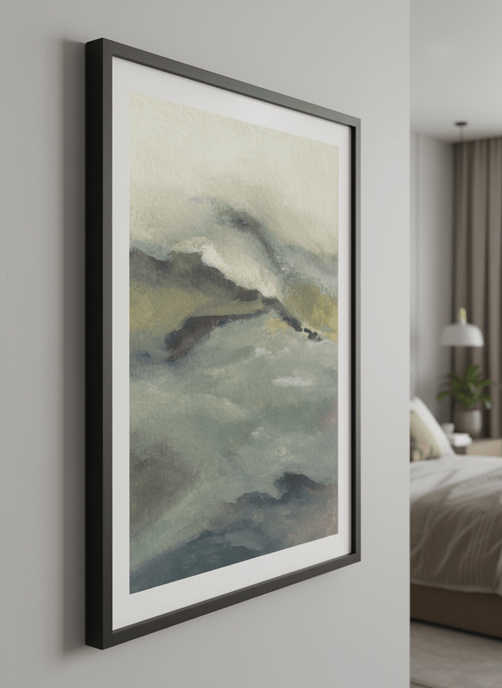 Minimalist artwork displayed in a calm, light-filled bedroom interior