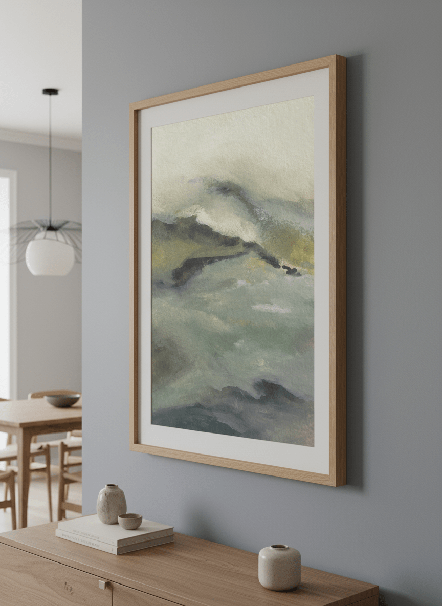 Wall art styled above a dining table in a contemporary home