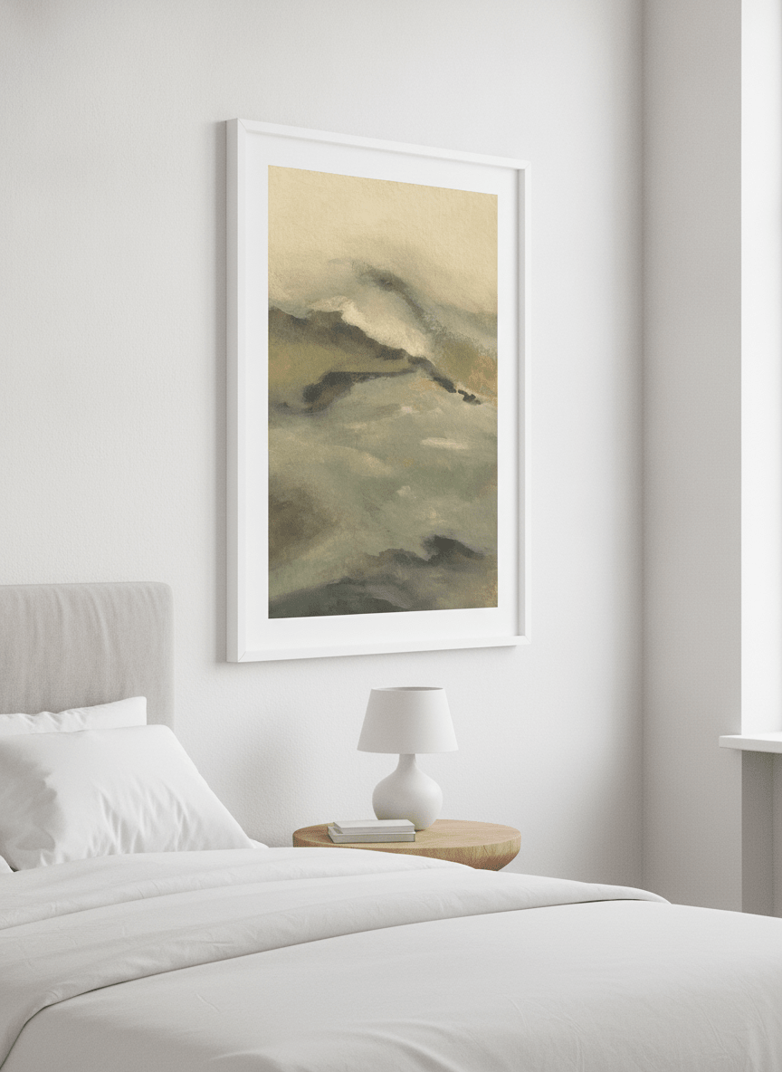 Minimalist artwork displayed in a calm, light-filled bedroom interior