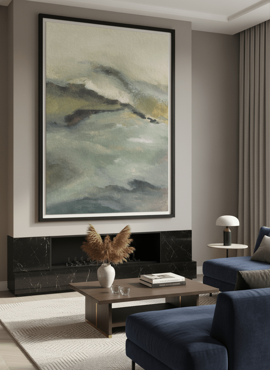 Monumental artwork centred on a feature wall in a luxe interior