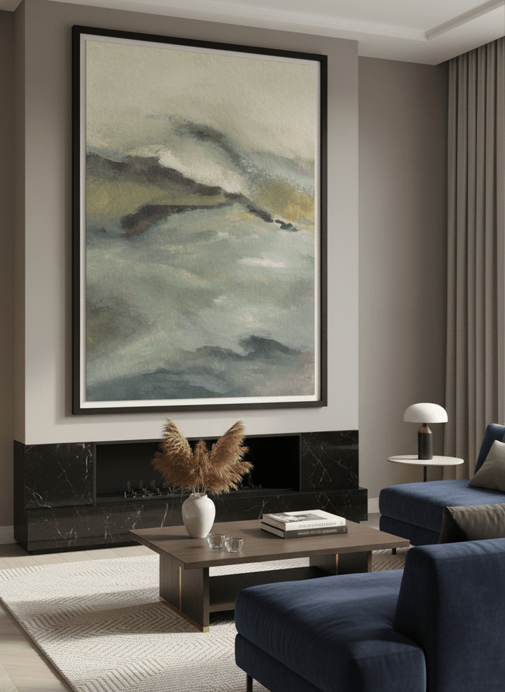 Monumental artwork centred on a feature wall in a luxe interior