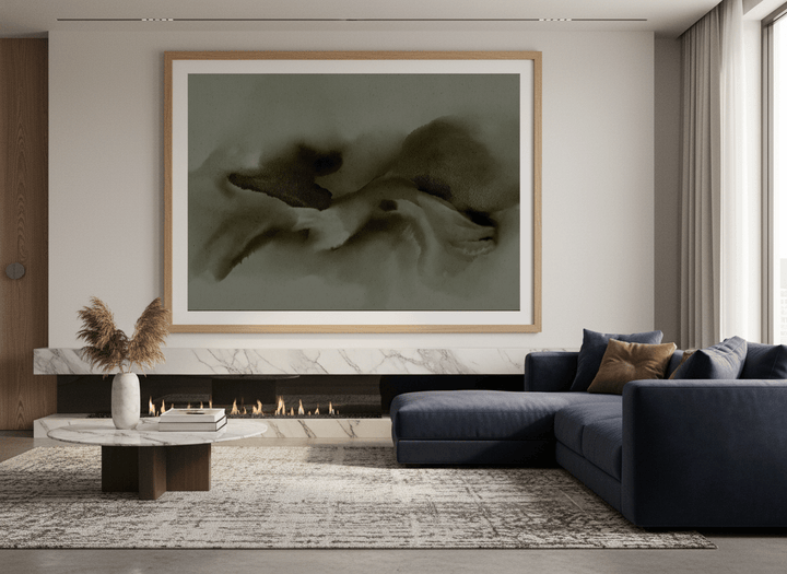 Monumental artwork centred on a feature wall in a luxe interior