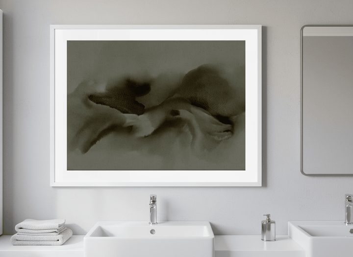 Modern print displayed in a clean minimalist bathroom setting