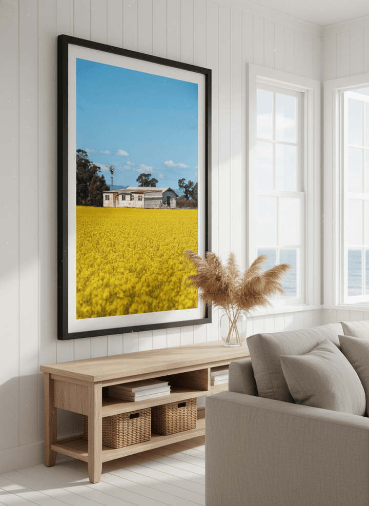 Neutral wall art displayed in a sunny coastal beach house