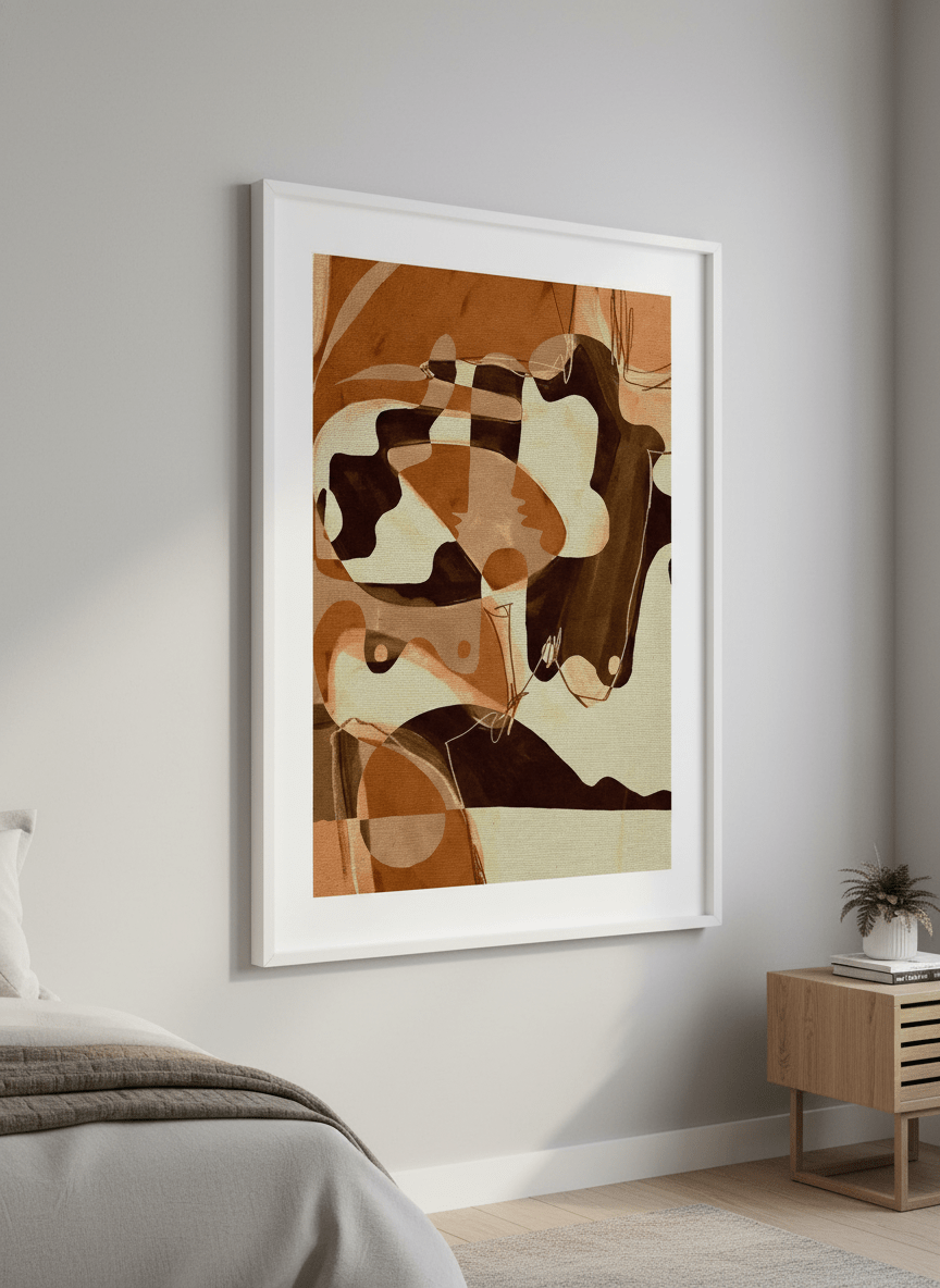 Minimalist artwork displayed in a calm, light-filled bedroom interior