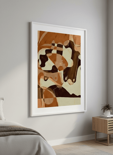 Minimalist artwork displayed in a calm, light-filled bedroom interior