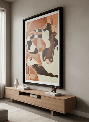 Monumental artwork centred on a feature wall in a luxe interior