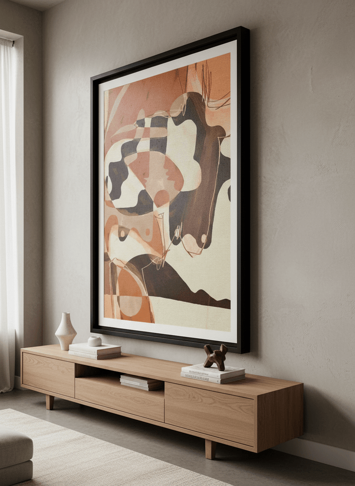 Monumental artwork centred on a feature wall in a luxe interior