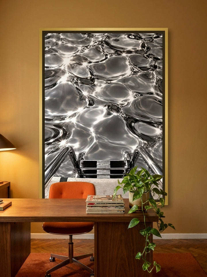 Canvas wall art with a gold leaf surround styled on the wall in a retro 70s home office