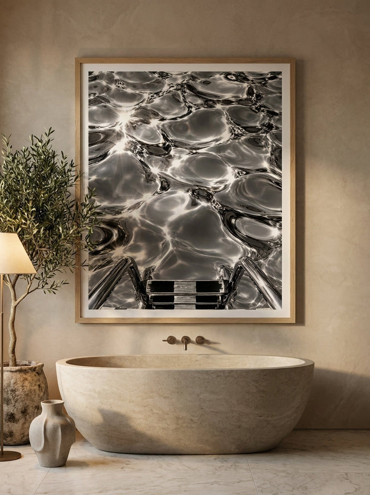 Modern wall art print styled on the wall in a luxe bathroom