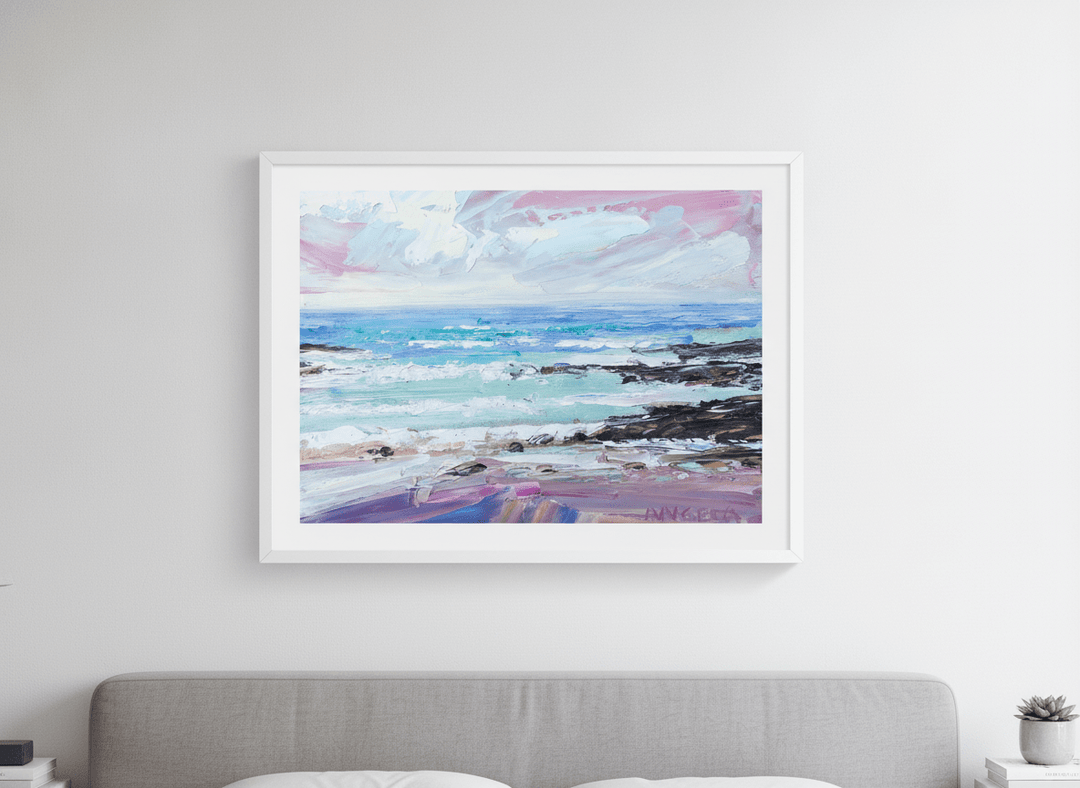Minimalist artwork displayed in a calm, light-filled bedroom interior