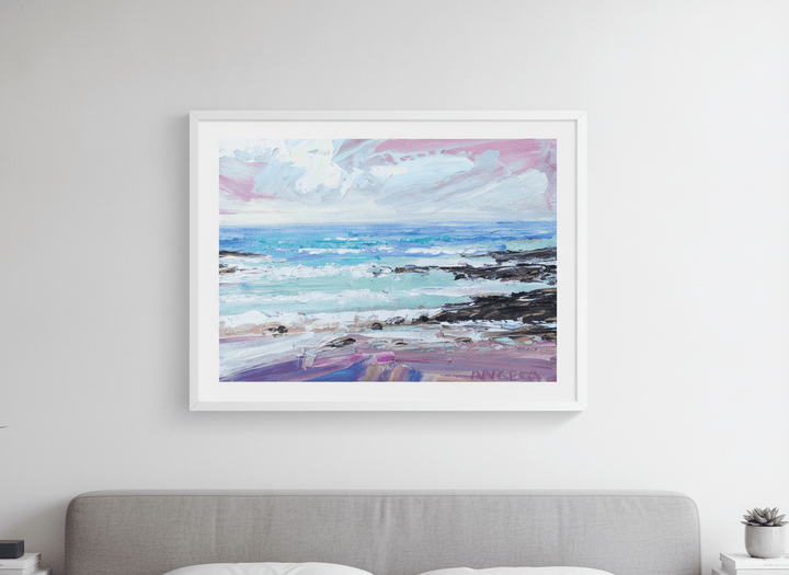 Minimalist artwork displayed in a calm, light-filled bedroom interior