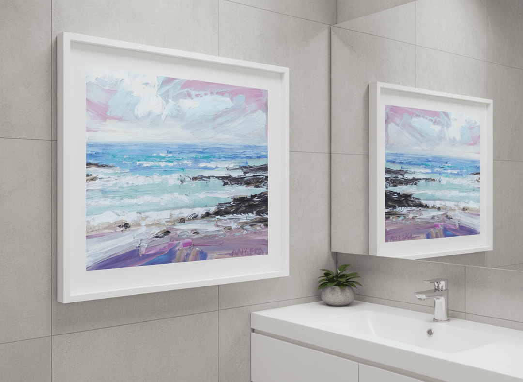 Modern print displayed in a clean minimalist bathroom setting