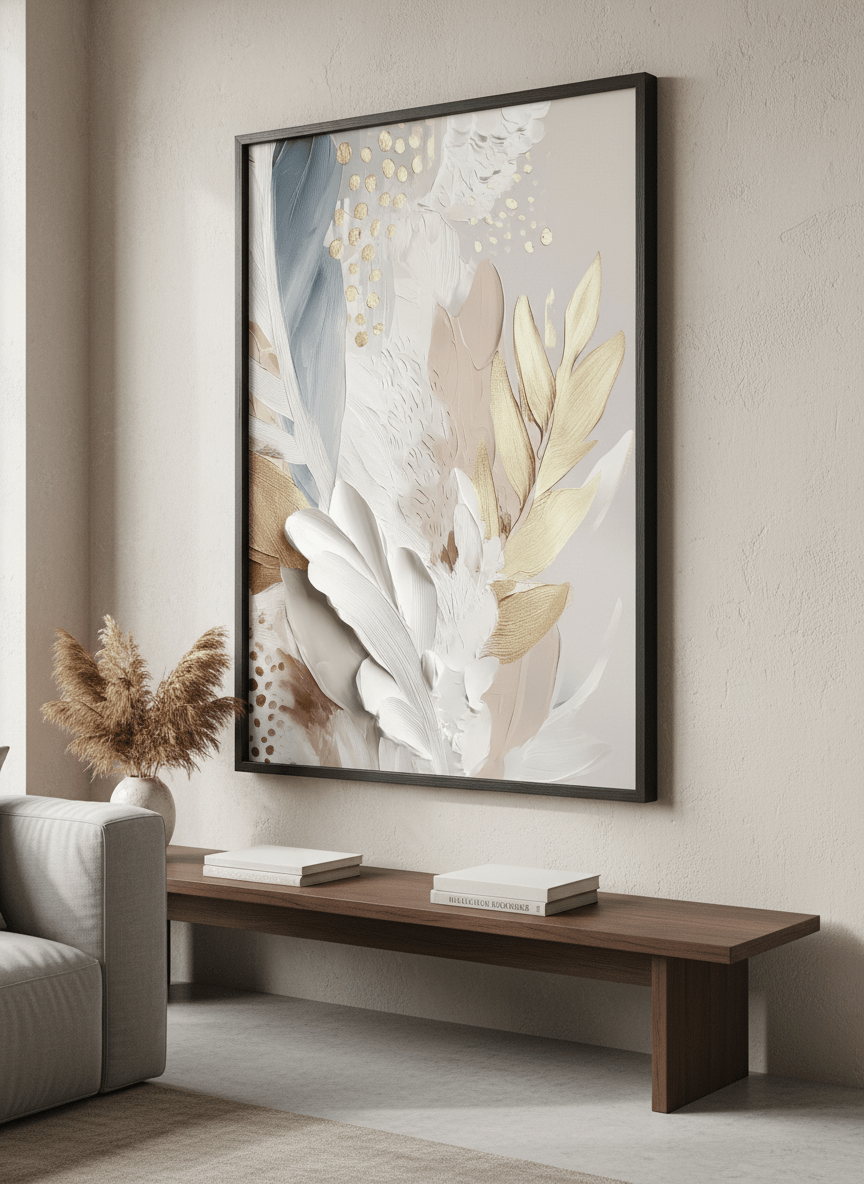 Modern wall art styled above a sofa in a neutral living room