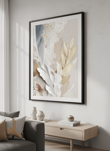 Modern wall art styled above a sofa in a neutral living room