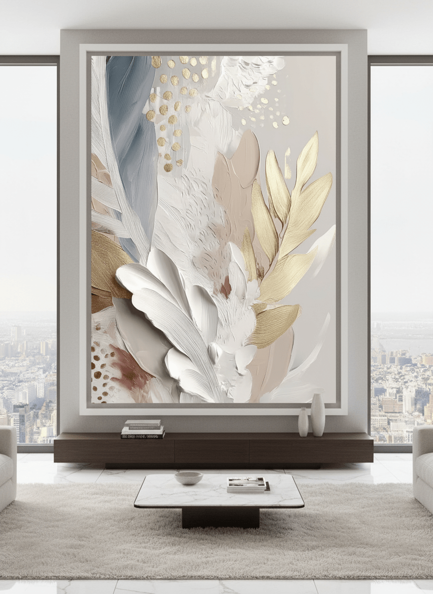Monumental artwork centred on a feature wall in a luxe interior