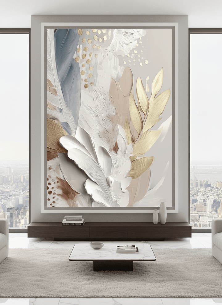 Monumental artwork centred on a feature wall in a luxe interior