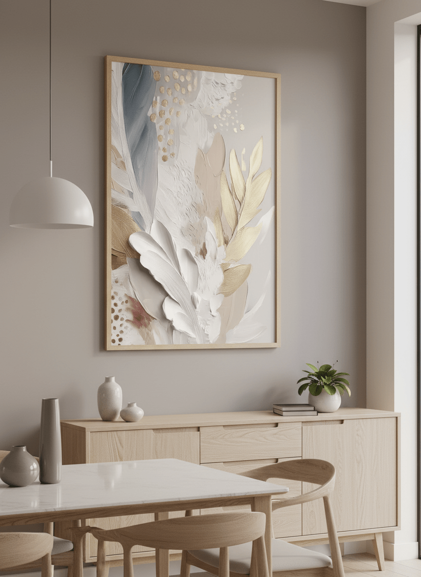 Wall art styled above a dining table in a contemporary home