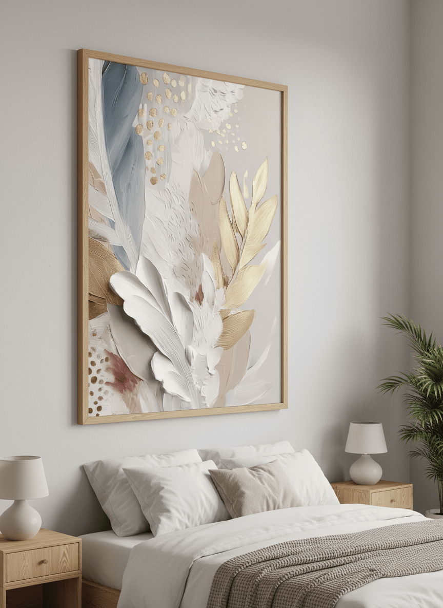 Minimalist artwork displayed in a calm, light-filled bedroom interior
