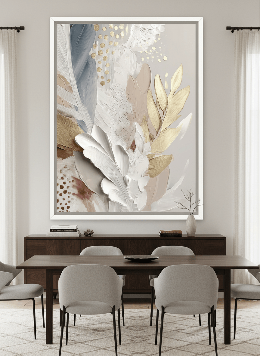 Monumental artwork centred on a feature wall in a luxe interior