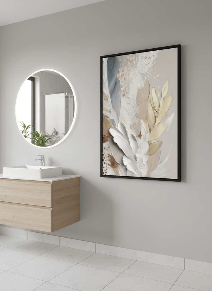Modern print displayed in a clean minimalist bathroom setting