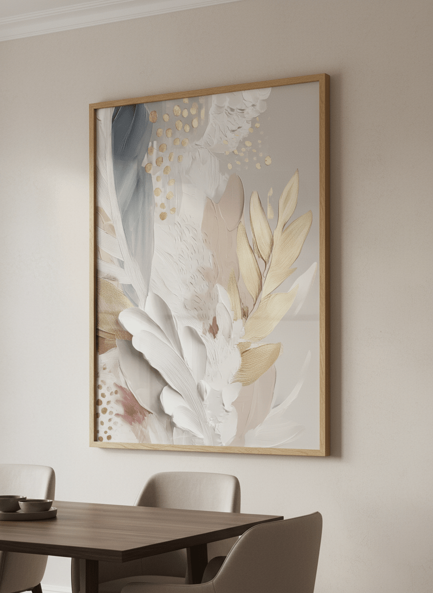 Wall art styled above a dining table in a contemporary home