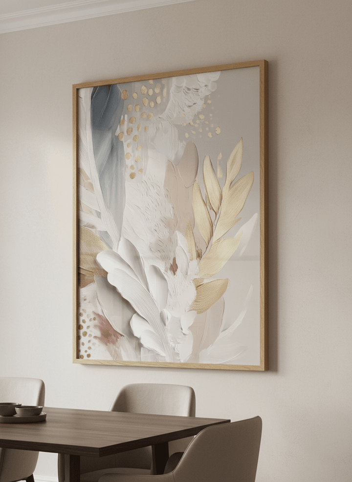 Wall art styled above a dining table in a contemporary home