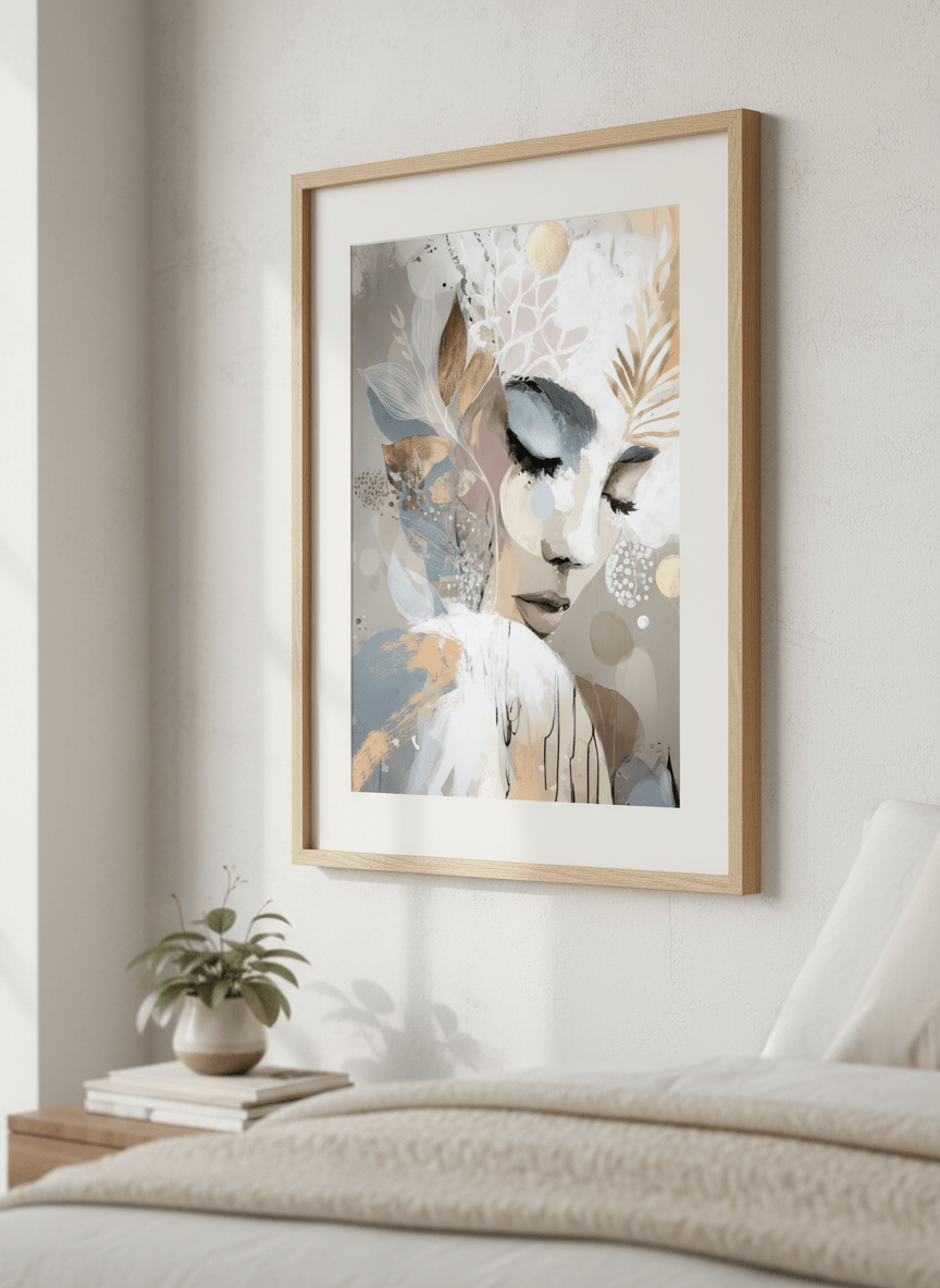 Minimalist artwork displayed in a calm, light-filled bedroom interior