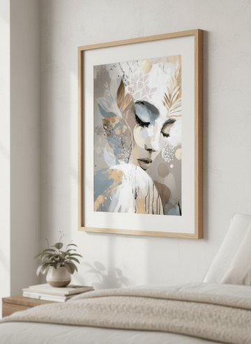 Minimalist artwork displayed in a calm, light-filled bedroom interior