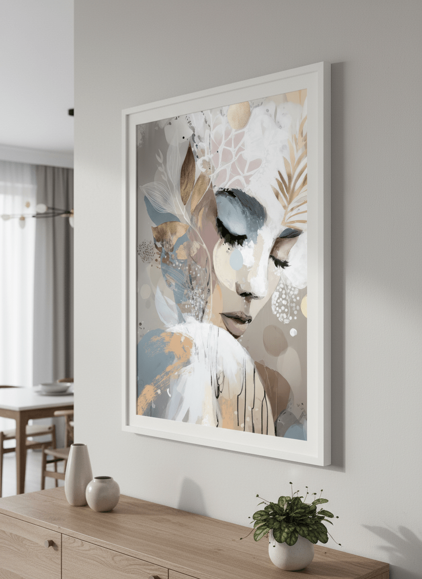 Wall art styled above a dining table in a contemporary home