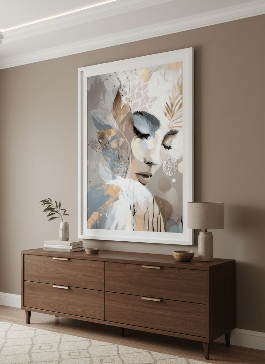 Monumental artwork centred on a feature wall in a luxe interior