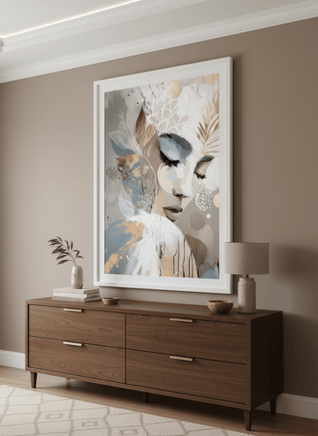 Monumental artwork centred on a feature wall in a luxe interior