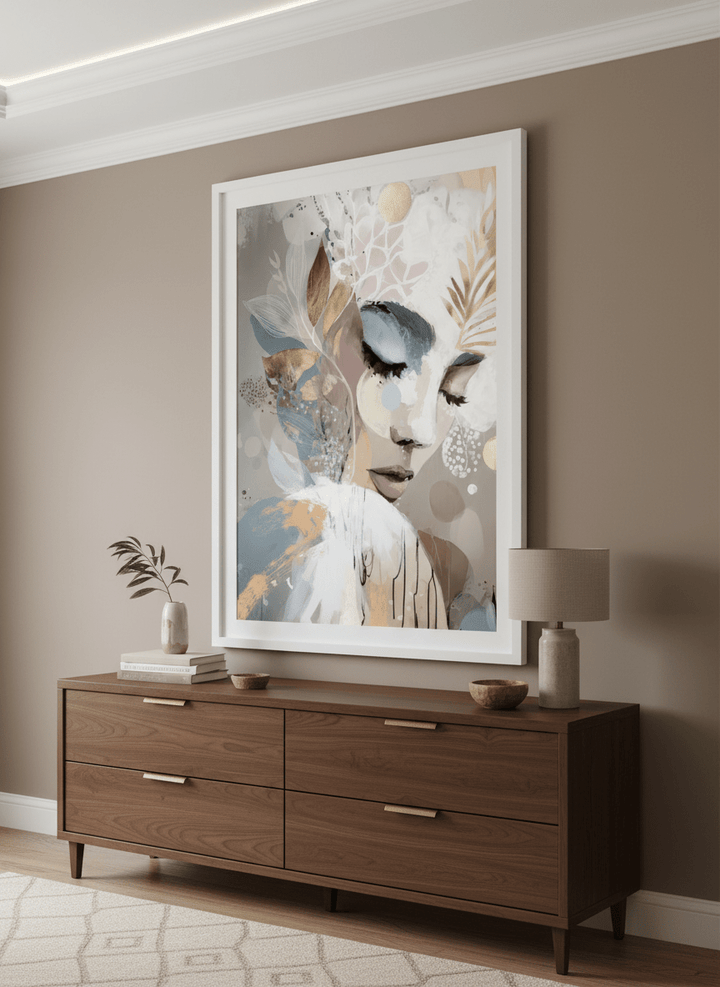 Monumental artwork centred on a feature wall in a luxe interior