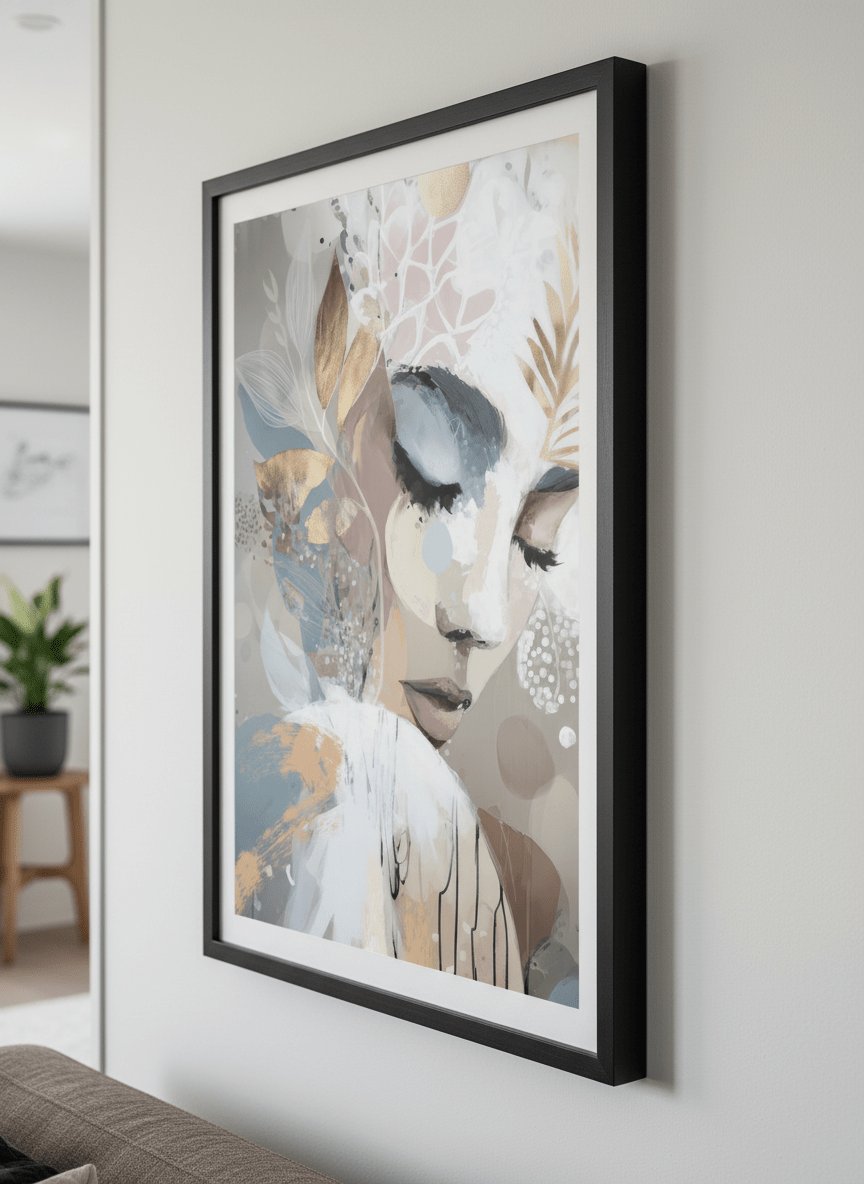 Modern wall art styled above a sofa in a neutral living room
