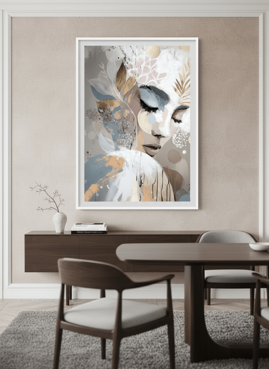 Monumental artwork centred on a feature wall in a luxe interior
