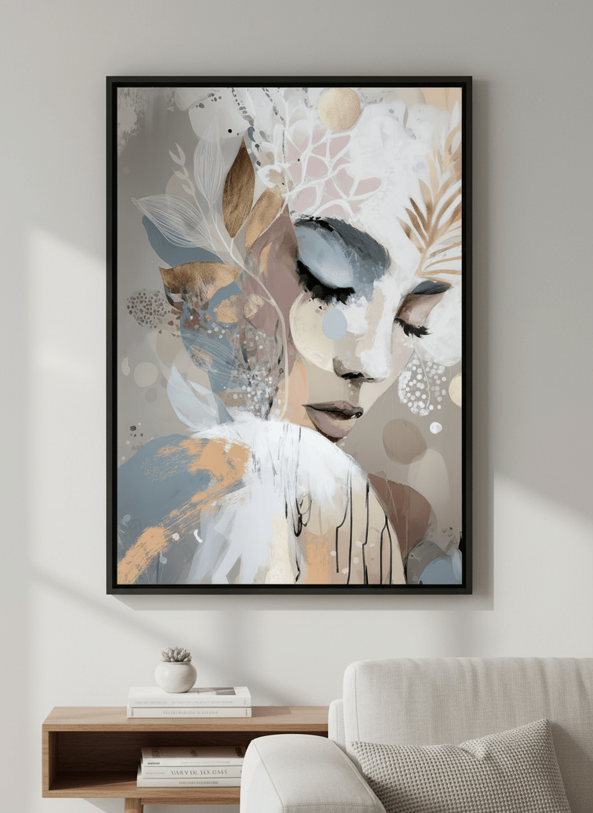 Modern wall art styled above a sofa in a neutral living room