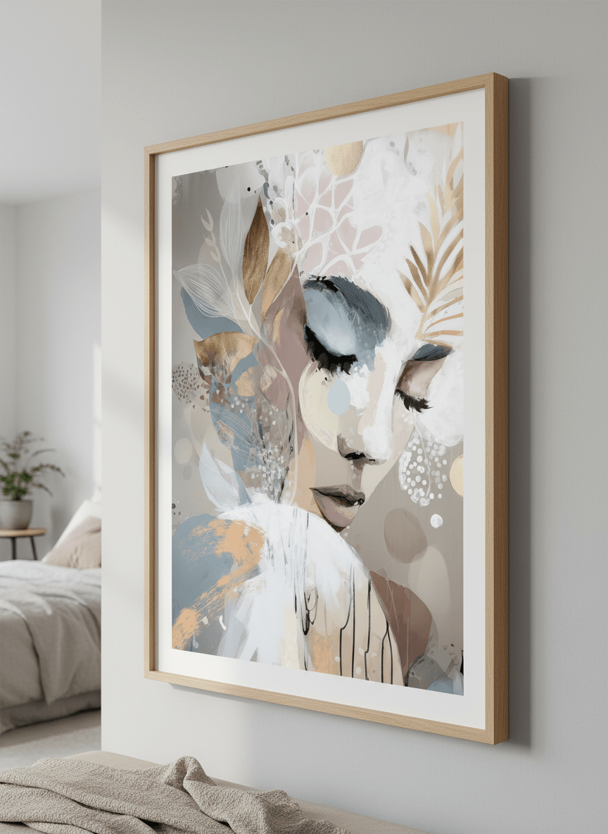 Minimalist artwork displayed in a calm, light-filled bedroom interior