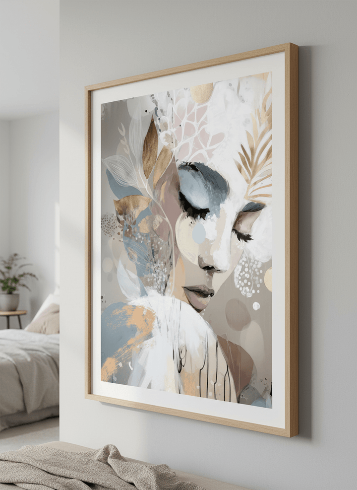 Minimalist artwork displayed in a calm, light-filled bedroom interior